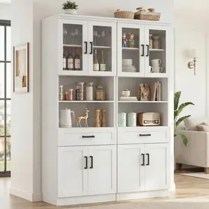 Unikito 79.7" Tall Kitchen Pantry Storage Cabinet, Freestanding Kitchen Hutch Cabinet with Glass Door, Adjustable Shelves and Drawer, Display Bookcase for Living Room, Dining Room, Bathroom