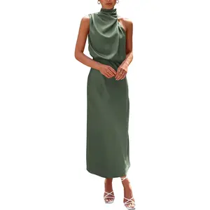 2025 Summer Satin Dress Elegant Sleeveless Mock Neck Army Green Cocktail Party Maxi Dresses Minimalist Basic Formal Workwear Spaghetti Strap Long Black Maxi Dress Sparkle Christmas Santa with Wine Glass Design Flare Leg No Front Seam Leggings Sheer Lace C