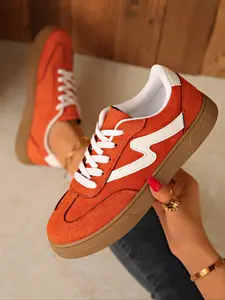 Women's Red Suede Color - Block Sneakers, Lace - Up Breathable Casual Walking Shoes, Lightweight Comfortable Outdoor Sports Trainers, Trendy Retro Season - Transiting Leisure Running Shoes, Colorblock Sneakers, Stylish Sneaker