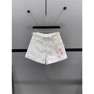 Women White Flower Embroidered Denim Shorts High-waisted A-shaped Casual Wide-leg Pants Hot Pants Dressy Casual Clothes Spring Summer Trendy Outfits