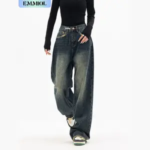 EMMIOL Women's Wide-Leg Loose Jeans, four-pocket design, zip fly, button closure, belt loops, relaxed fit - Women's Bottoms, Pants, Street Style, Comfortable