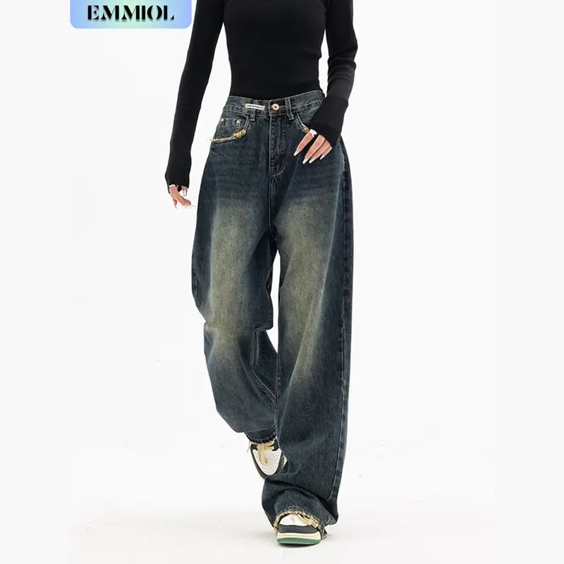 EMMIOL Women's Wide-Leg Loose Jeans, four-pocket design, zip fly, button closure, belt loops, relaxed fit - Women's Bottoms, Pants, Street Style, Comfortable