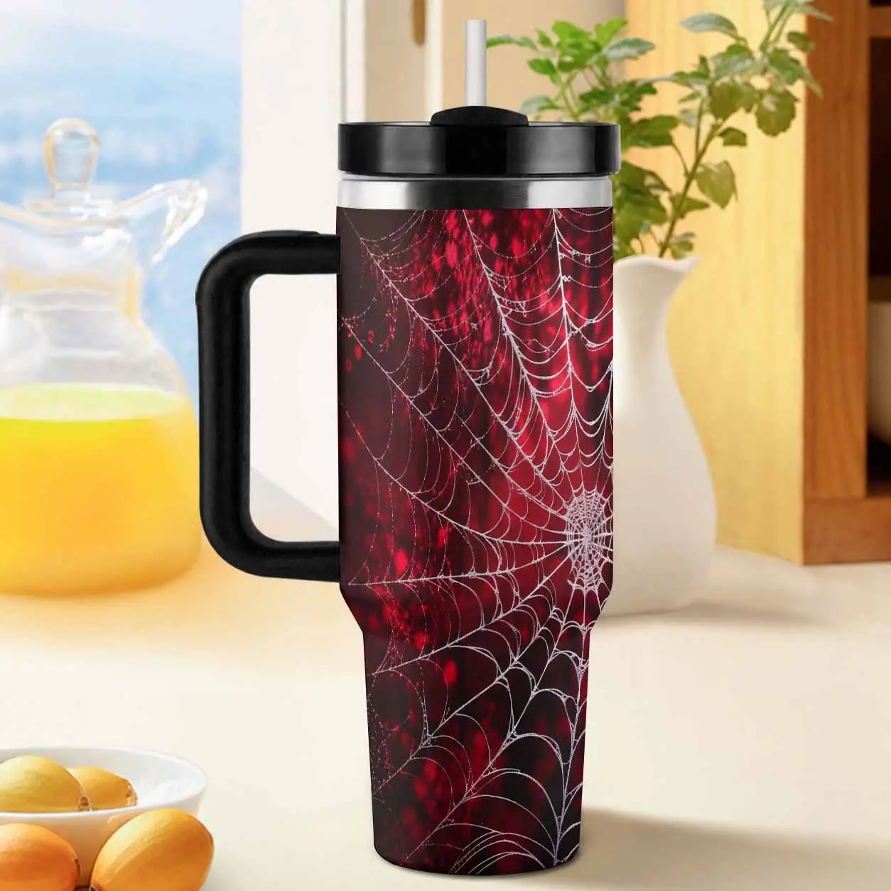 Spider Web 40oz Tumbler. Gothic Red Background Pattern. Stainless Steel Vacuum Insulated. Double Wall Leak Proof. Travel Coffee Cup. Outdoor Adventure Cup.