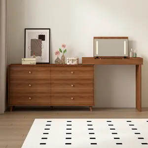 L-Shaped Extendable Makeup Vanity with Hidden Flap Mirror & Dimmable LED Lights, 6 Drawers + Storage Shelves, 3 Color Modes, Wood Grain Brown Dressing Table for Small Bedroom