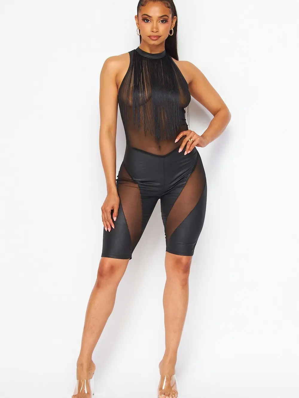 Noir Fringe Mesh Romper