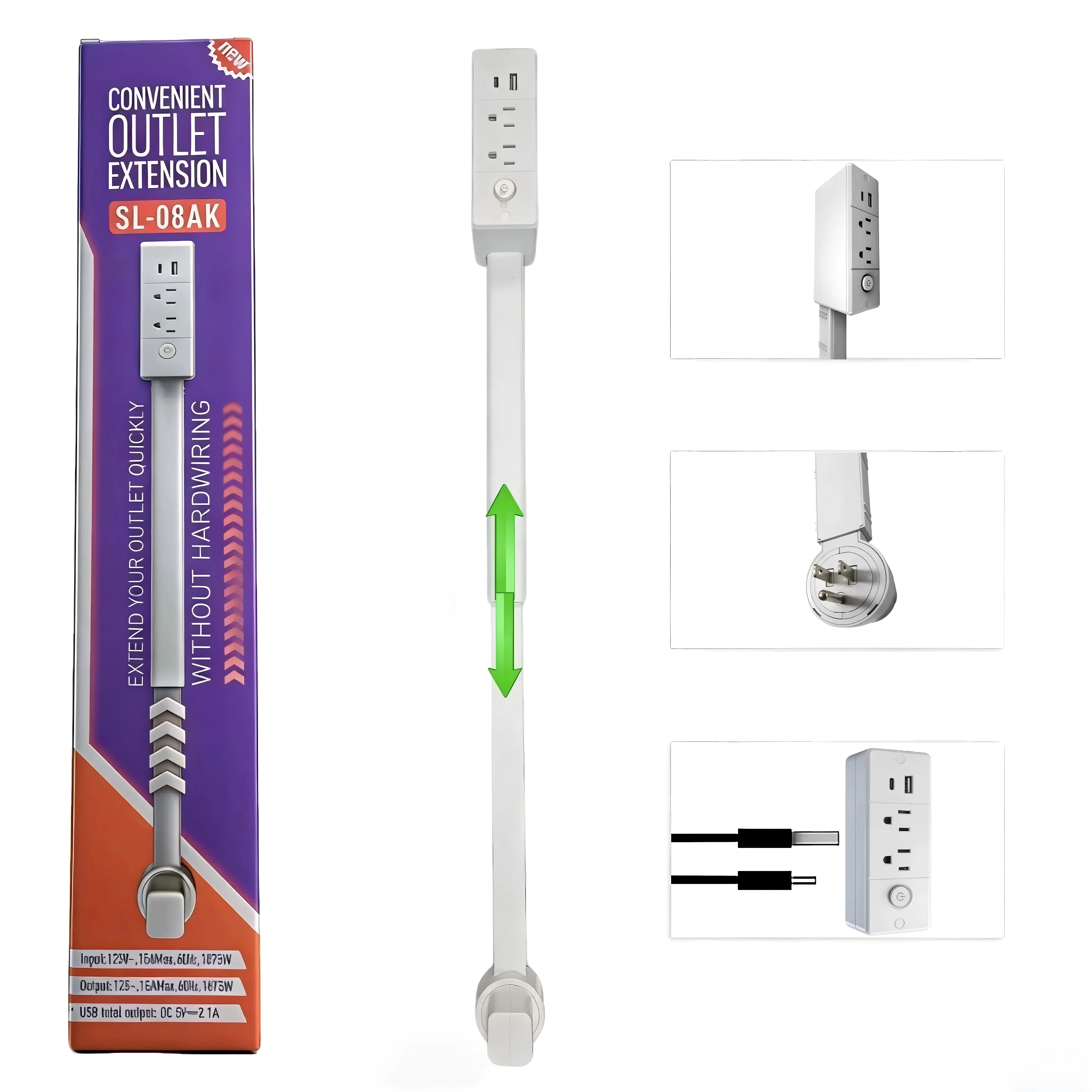 Telescopic Swiveling Adjustable Electric Outlet Extender with USB Charging & 1-Button Power Control, Home Essentials, Father's Day Gift, Cable Clutter Solution