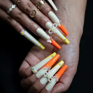 Yellow Orange Spring Summer Extra Long XXL Coffin (Length 2.1") Handmade Press on Nails, Fake Nails, Reusable, Luxury Nails, Acrylic Nails
