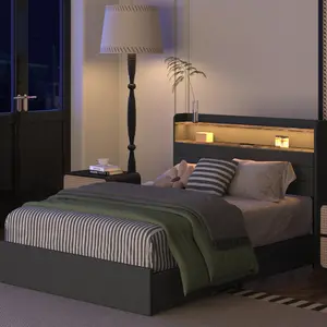 Queen Size Platform Bed Frame with Storage Headboard & Charging Station, Upholstered Queen Bed with 4 Storage Drawers & LED Lights, Stable Metal Frame, Noise Free, No Box Spring Needed, Easy Assembly (Black+ Gray, Queen)