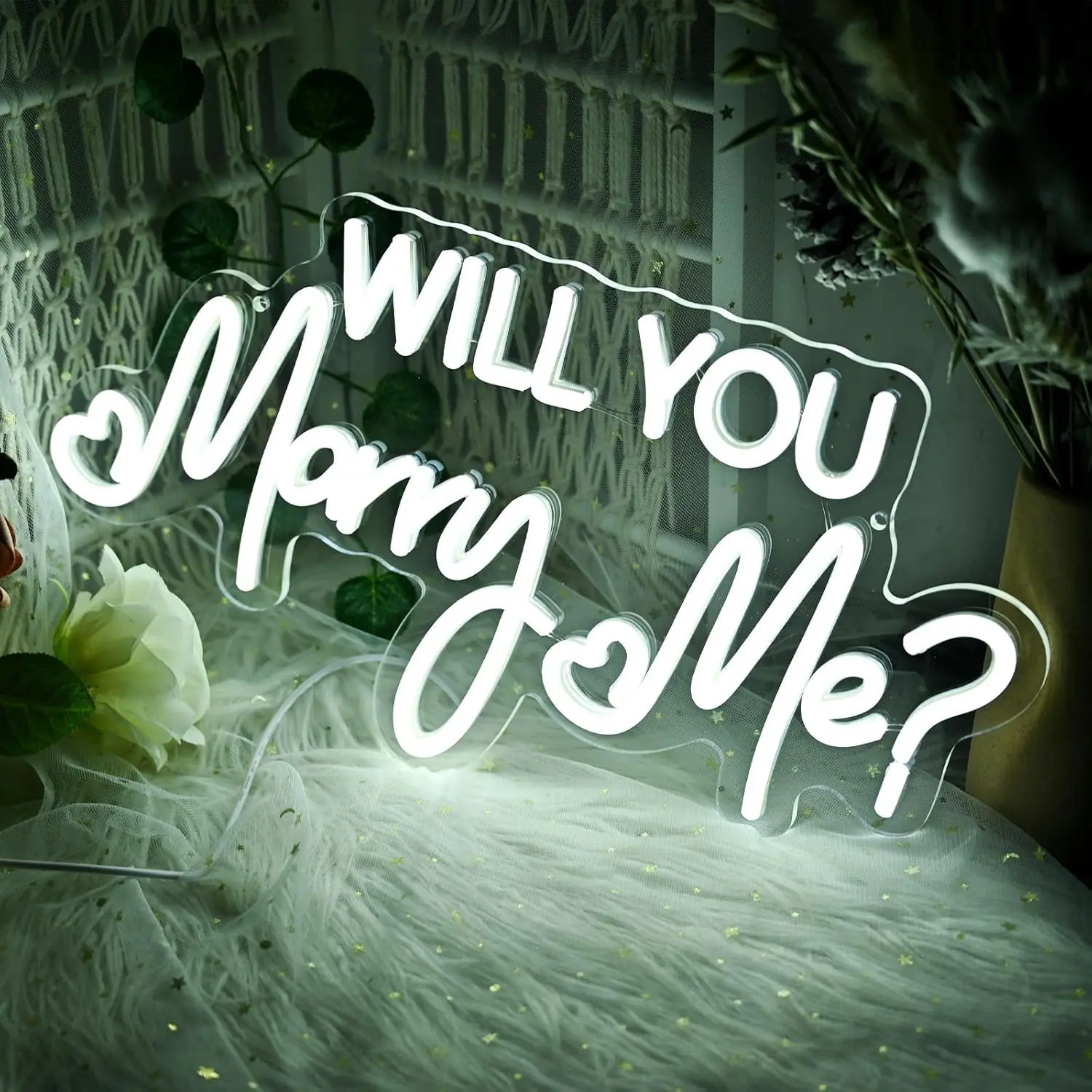 Serbasic Acrylic "Will You Marry Me" Romantic Dimmable Neon LED Lights Sign, 16.5x8.66in, USB-DC Power Supply, Switch Included, Low Voltage, Durable Lightweight Indoor Decor, Ideal for Wedding Proposals, No Feathers, Not Smart Devices, Decoration