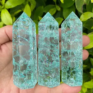 Blue Cracks Crystal Tower Home Garden Decoration Ornaments, 3-4in Blue Crystal Tower Healing Chakra Crystal Tower Wand Obelisk Decor, Crystal Gift