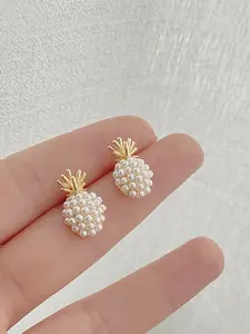 Elegant Imitation Pearl Pineapple Design Fruit Veggie Earrings, Unique Chic Style for Parties and Daily Wear, Women’s Sophisticated Ear Studs