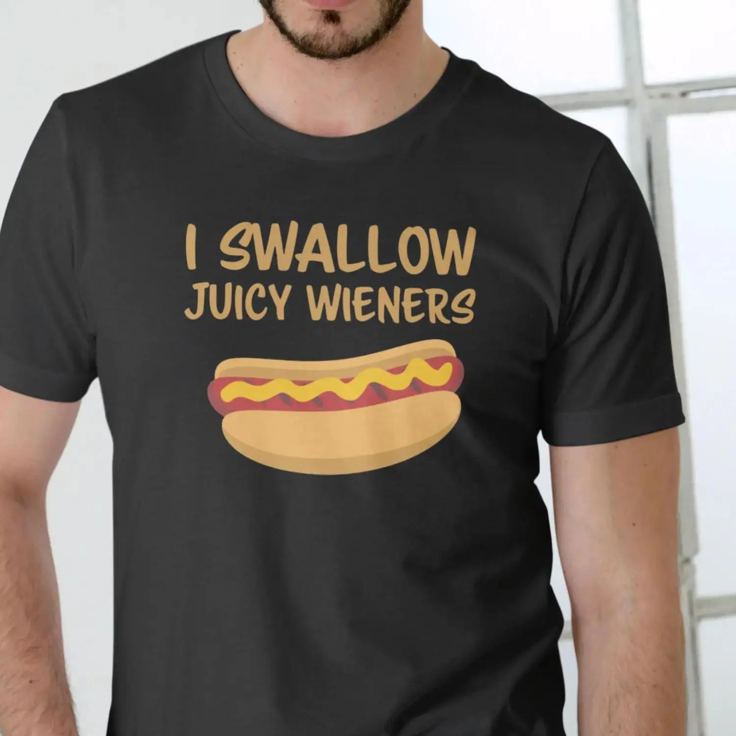 I Swallow Juicy Cotton T-shirt - Summer Casual Unisex Fitted Tee with Cartoon Hot Dog Graphic Design