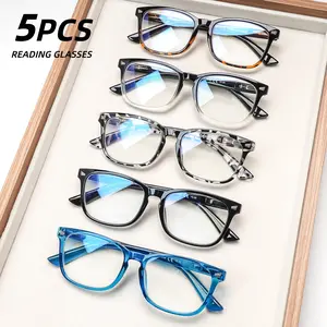 5 Pack Blue Light Blocking Reading Glasses Spring Hinge Large Frame Clear Fashion Print for Women Men Lightweight Comfort Mix Color Eyeglasses