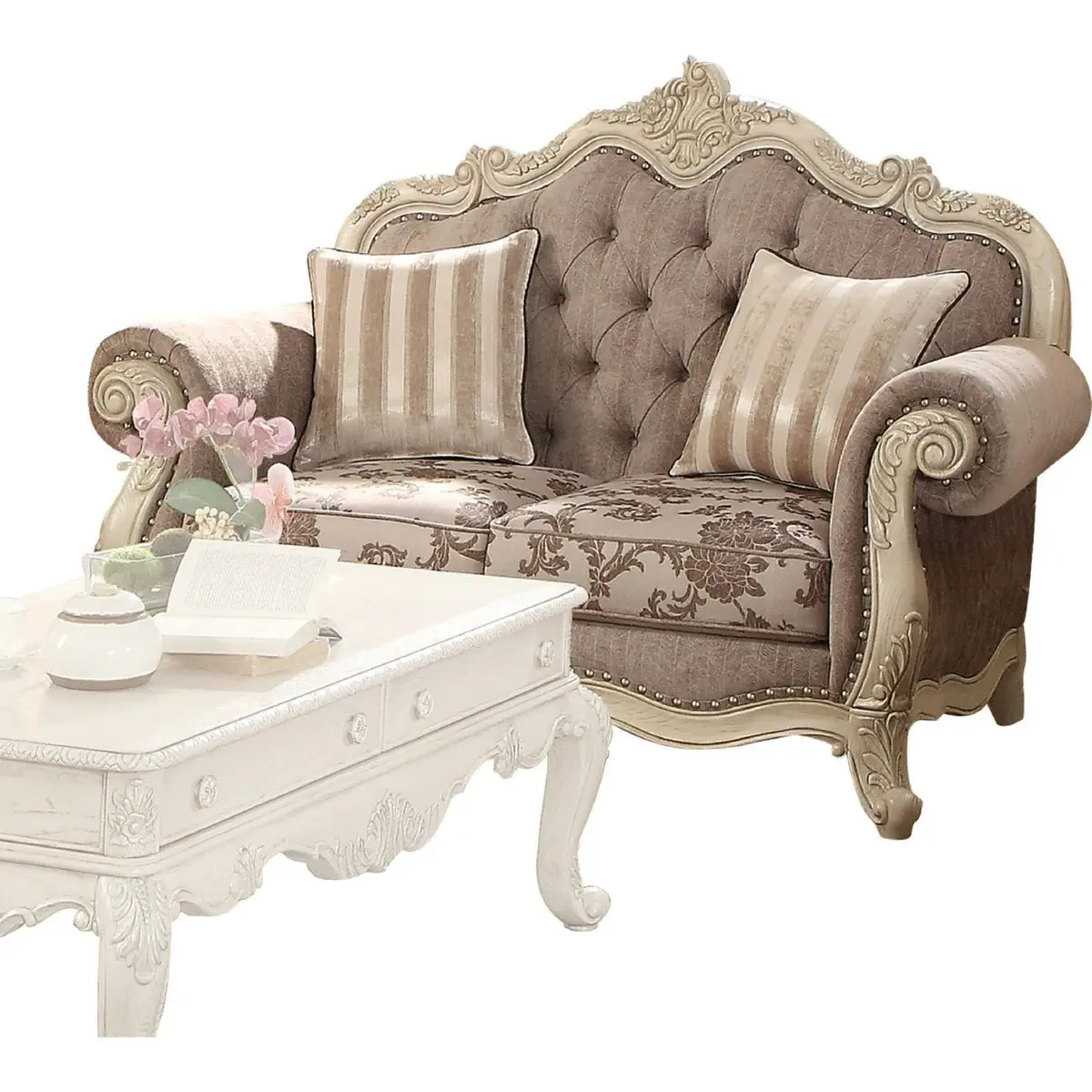 Benzara Scrolled Crown Top Fabric Loveseat With Cabriole Legs, Gray And White BM221353