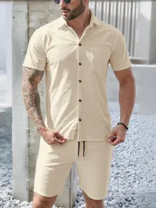 Men's Casual Classic Button Collar Blouse Set, Comfortable Short Sleeve Top and Shorts, Solid Color Slim Fit, New Arrival Fashion Collared