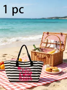 Striped Beach Tote Bag, Coconut Tree Letter Pattern, Foldable Canvas Shoulder Bag, Ideal for Summer Travel, Shopping, and Daily Use