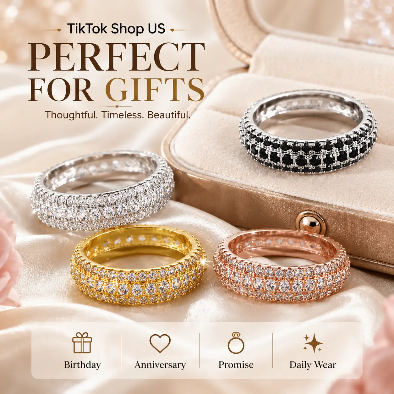Sparkling Eternity Band Ring Silver Gold Black Rose Gold Diamond Sparkling Elegant Lightweight Comfortable Versatile Feminine Summer Gift for Women Girls Daily Wear Special Occasion Perfect Accessory, Ring Stack, 5.5 G