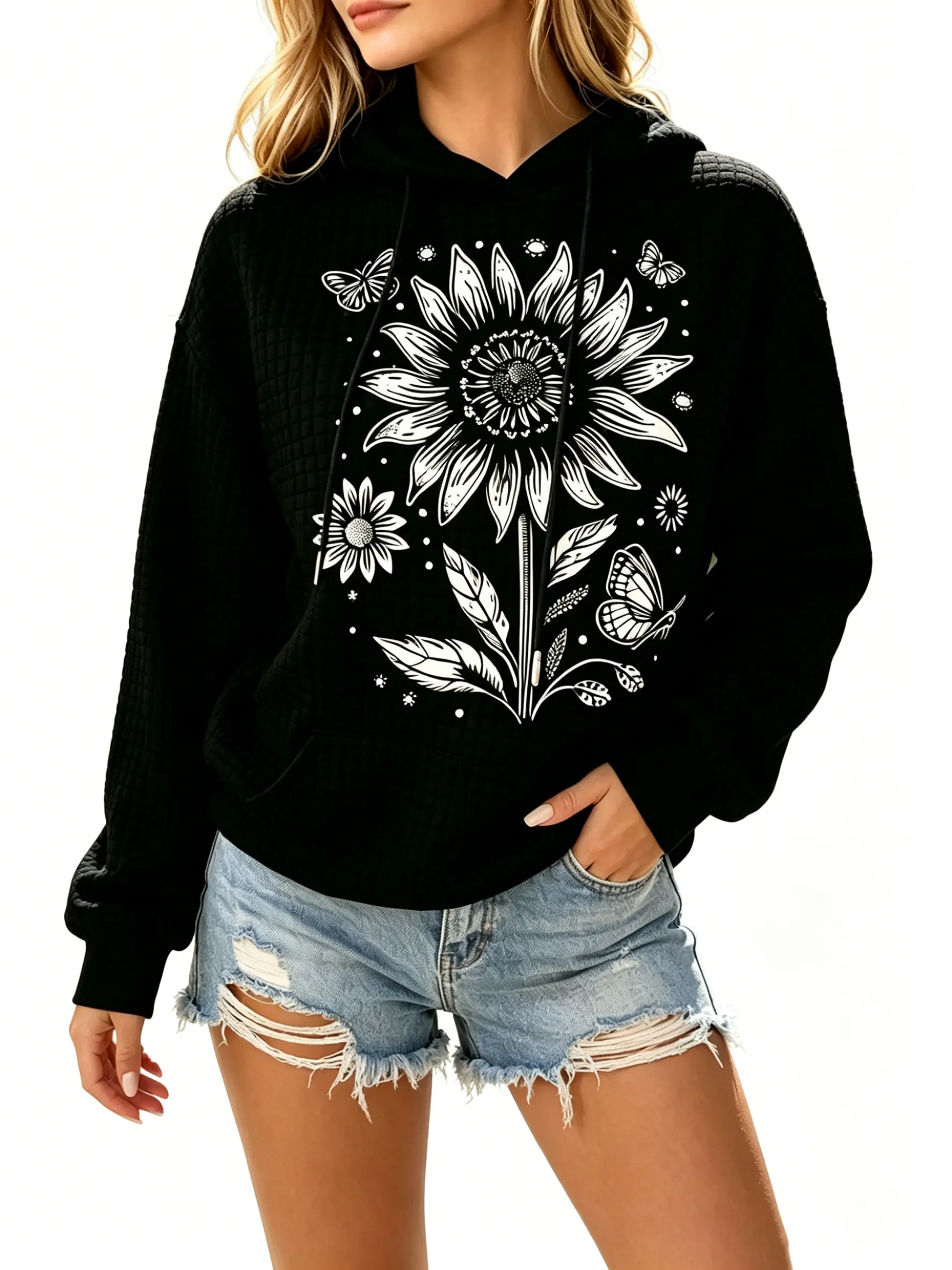 Trendy Bohemian Nature-Inspired Hooded Top for Ladies, Relaxed Fit Comfortable Hoodie with Unique Monochrome Floral & Butterfly Design, Perfect for Fall & Winter Fashion