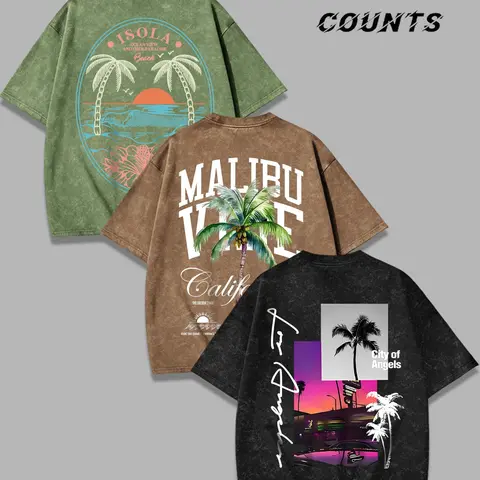 3-Pack Men's Tropical Vibe Palm Tree & Sunset Graphics Print Oversize Short Sleeve Vintage Washed T-Shirts, American Streetwear Fashion, Menswear
