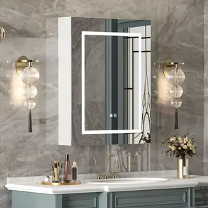 Medicine Cabinets with Light,LED Bathroom Mirror Cabinet with Storage,Botiquin para Baño con Espejo,28X28inch modern wood countertop Shelf Makeup