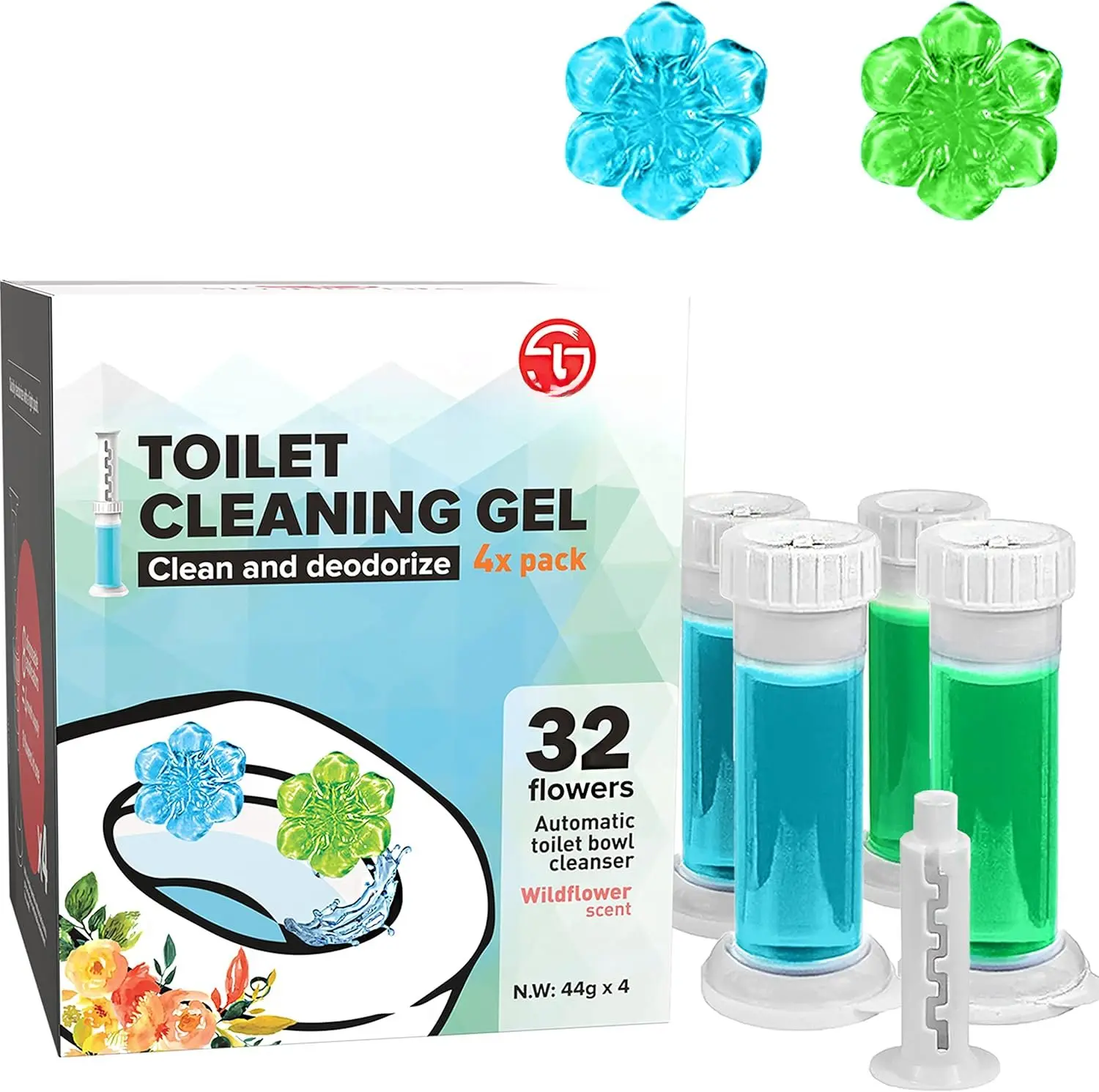 Toilet Bowl Cleaner Gel | Fresh Flower Toilet Gel  | Stops Limescale and Stains with Air Freshening Scent | Deodorizing Clean | 32 , Blue & Green