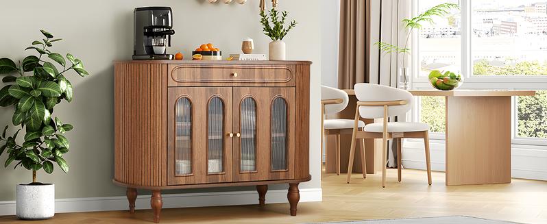 Giratree 47'' Fluted Sideboard Buffer Cabinet with Drawer, Modern Credenza Storage Cabinet, Bar Cabinet Console Table with Tambour Sliding Side for Living Dining Room Kitchen Hallway Entryway