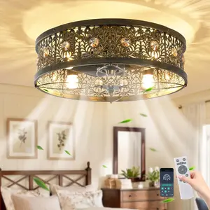 20" Caged Ceiling Fans with Lights, Victorian Rustic  Fandelier,Low Profile Flush Mount Enclosed Bladeless Ceiling Fan with Light and Remote for Bedroom,Kitchen,Dining Room