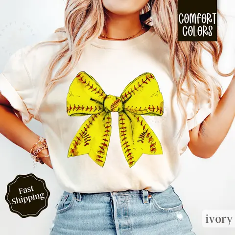 Softball Bow Shirt Comfort Colors, Womens Softball Tee, Womenswear Oversized Crewneck