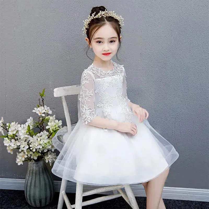 Girls' New Arrival Polyester Dress Up Gown - Square Neck, Puff Sleeves, Floral Print, Midi Length, Sheer, Embroidery, Party-Perfect Fit, Machine Washable, Formal Princess-Theme Wear (Flower Girl Suitable)