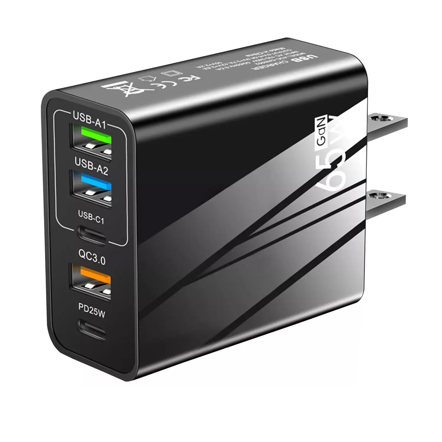 PD 65W Type C PD+3 USB Travel Fast Charger for Mobile iPhone, iPad, Samsung Galaxy, Google Pixel, Sony, Switch, Moto, LG, HTC, Speaker