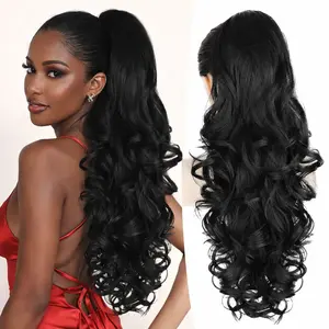 ALRENCE Ponytail Extension,24 Inch Claw Clip in Long Curly Wavy Black Brown Ponytail Hair Extension Jaw Clip on Pony Tails Hairpiece for Women