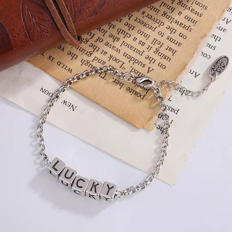 925 Sterling Silver Lucky Charm Bracelet: Geometric Cubes with English Letters, Perfect for Everyday and Party Wear