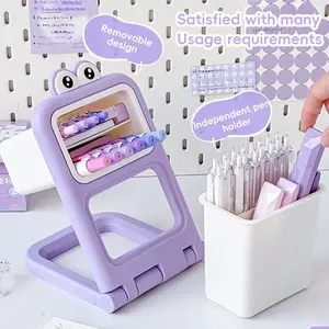 Desktop Slant-Insert Storage Box Large Capacity Cute Cartoon Layered Pen Holder Desk Organizer School Office Stationery Creative Pen Stand, Girly Office Supplies, Office Desk Accessories, Stationary Organizer Holder