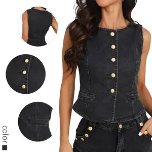 Women's Sleeveless Denim Vest Top with Gold Button Cropped Jean Tank for Trendy Casual & Night Out Looks