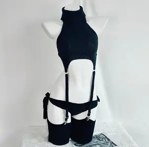 Women's Black Knit Two-Piece Set Halter Crop Top with Garter Design Alluring Cosplay Costume
