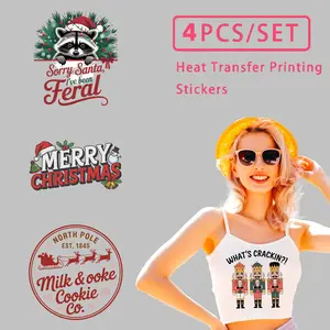 4PCS Christmas Heat Transfer Stickers Set Cartoon Raccoon Merry Christmas Nutcracker Design DIY Clothing Decoration Iron On Patches