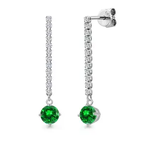 14K White Gold Green Created Emerald and White Lab Grown Diamond Long Liner Dangle Earrings for Women | 2.04 Cttw | Gemstone May Birthstone | Round 5MM | White Gold Chain Drop Earrings