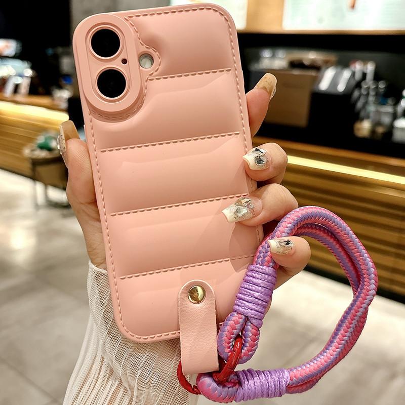 Luxury Liquid Down Jacket iPhone Case with Hand Strap | Oil Coated Protective Cover for iPhone 16 15 14 13 12 11 XR 7 8