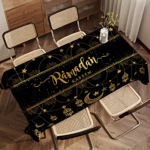 EastJia 1pc Ramadan Tablecloth - Black and Golden Design, Durable, Easy to Clean, Perfect for Home Decor, Suitable for Muslim Festivals, Machine-Made, Ideal for Ramadan Celebrations