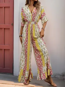 Boho Style High-Waisted Jumpsuit for Women, Slim-Fit Floral All-Over Print Long Pants, Spring & Fall Fashion Trendy