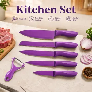 6Pcs Purple Non‑Stick Coated Kitchen Knife Set with Peeler, Comfort Grip Sharp Cooking Cutlery for Home Food Prep