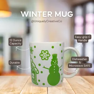 Celebrate the Season with this Lovely 12 oz White and Green Ceramic Mug with Simple and Cute Illustrations of a Snowman, a House, a Tree, and a Snowflake - A Merry and Bright Mug for Your Hot Beverages Drink Drinkware Aesthetic Winter Cup Reuse Washable