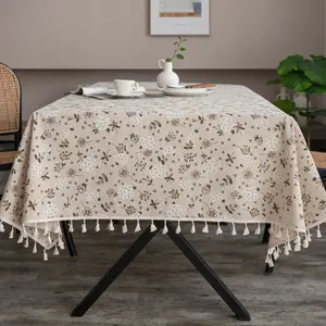 French farmhouse style Internet celebrity plant decorative Ethnic Floral Pattern floral linen fabric, kitchen tassel rectangular dustproof cloth tablecloth | restaurant | desktop | decoration | tea | wedding Floral Print Fabric