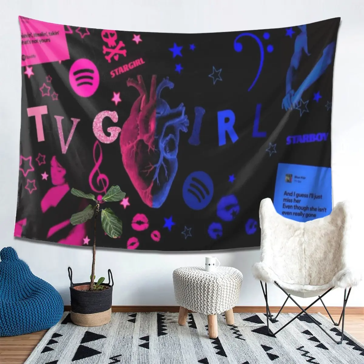 TV Girl Lyrics-Inspired Velvet Polyester Collage Tapestry Wall Decor - Peach-Beige Hue, Music Notes, Stars, Heart Designs, Pink-Blue Aesthetic, for Room Decoration, Live Streaming Backdrops, Room Decor, Party Decor