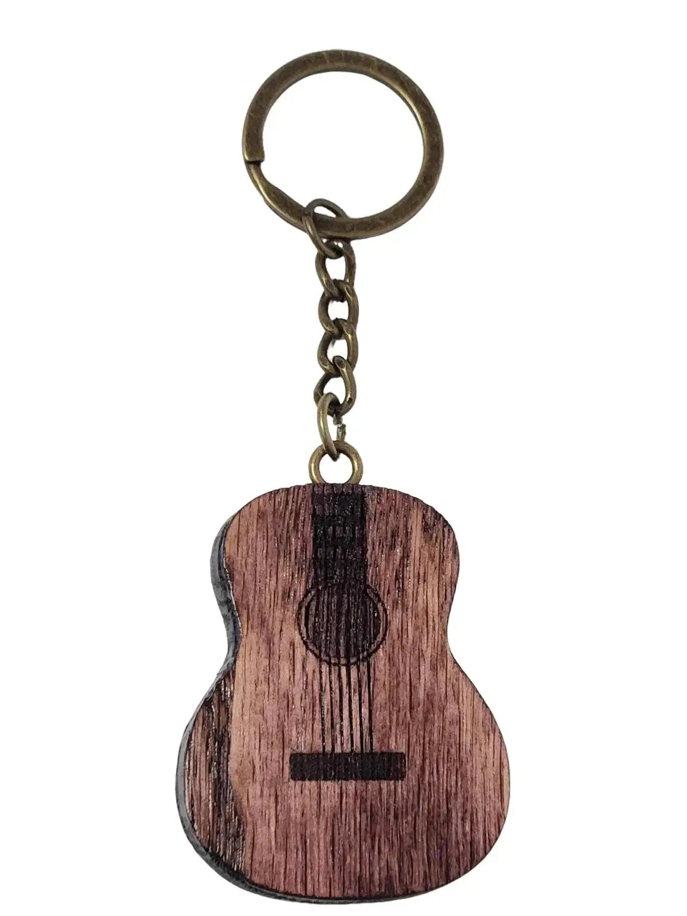 Guitar Shaped Keychain, Solid Oak Wood Keychain with Bronze Hardware, Guitar Shaped Keychains