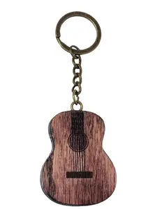Guitar Shaped Keychain, Solid Oak Wood Keychain with Bronze Hardware, Guitar Shaped Keychains