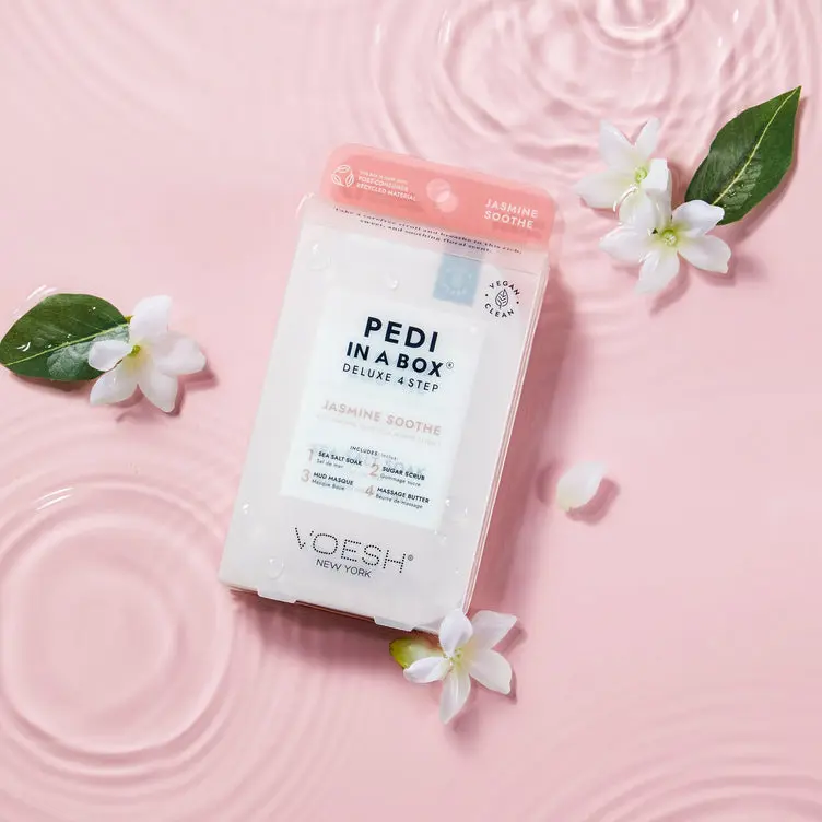 Pedi in a Box Deluxe 4-Step Spa Pedicure Kit in Soothing Jasmine Fragrance with Organic Olive Oil, Exfoliating Sugar Scrub, Mud Masque & Massage Butter, Scented, Foot Exfoliating Mask