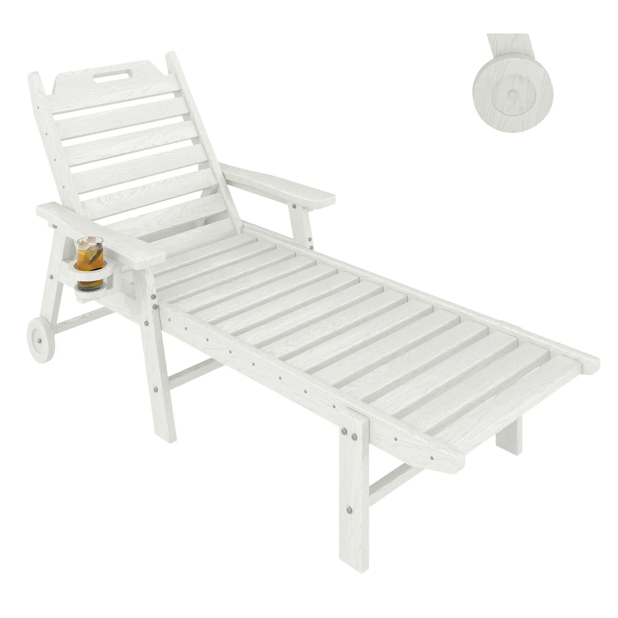 GARVEE HDPE Lounge Chair Outdoor with Wood Texture & 5-Position Backrest | All-Weather Chaise Lounge Built-in Cup Holder & Rolling Wheels for Patio, Poolside, Deck & Backyard, White