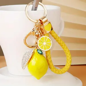 1pc Alloy Lemon Keychain with Sparkling Accents & Lobster Clasp - Vibrant Yellow Fruit Charm for Bags, Keys, Car Decor No Power Required Fashion Accessory