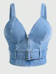 Women's Summer Cowgirl Style Denim Halter Top, Waist Belt Design Slimming Stomach-Showing, Fashion Daily Wear Essential